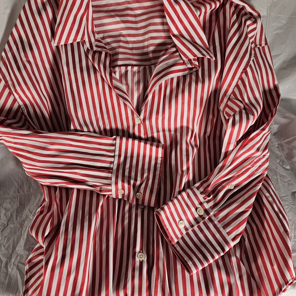 Zara Red and White Striped Button-Up Blouse